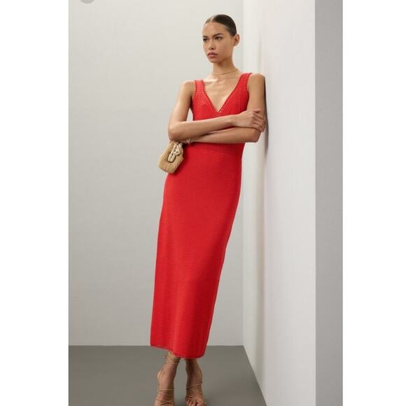 RONNY KOBO Red Orange Crochet V-Neck Open Back Tie Dress Size Medium